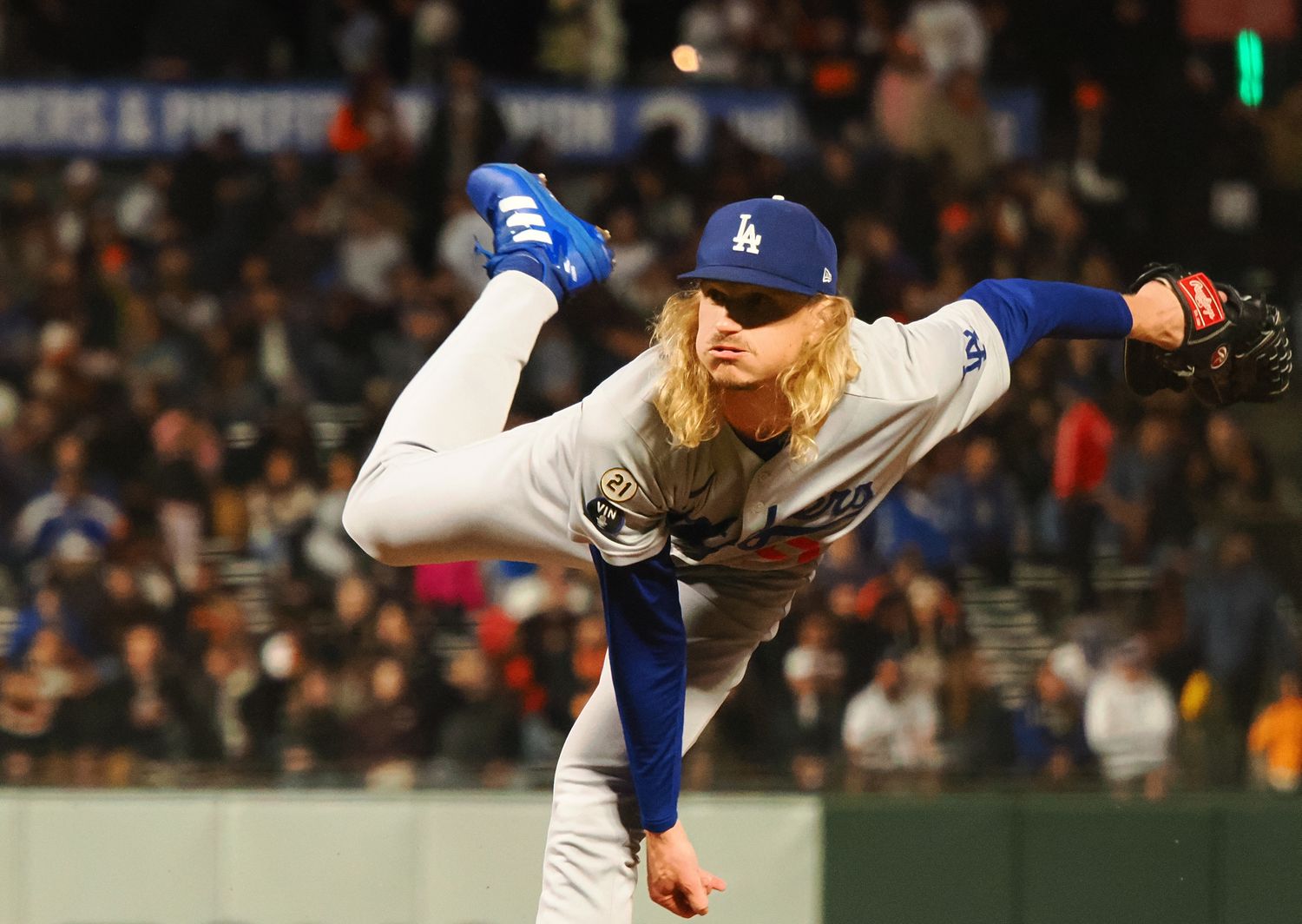 Los Angeles Dodgers relief pitcher Phil Bickford pitches the ball against the SF Giants during the eighth inning at Oracle Park. (2022)